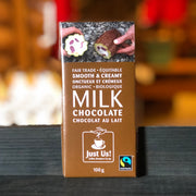 Fair Trade, Organic, Smooth & Creamy Milk Chocolate by Just Us. From Sugar Moon Farm - A Canadian maple syrup farm located in Nova Scotia, Canada. Offering maple syrup, maple butter, maple syrup on snow and a restaurant. Put on your hiking boots and hike the Rogart Mountain trail then sit down for some fluffy pancakes made from our fluffy pancake recipe and Canadian maple syrup.