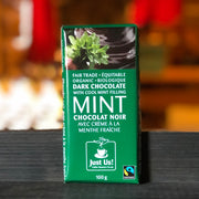 Fair Trade, Organic, Dark Chocolate with Cool Mint Filling by Just Us! From Sugar Moon Farm - A Canadian maple syrup farm located in Nova Scotia, Canada. Offering maple syrup, maple butter, maple syrup on snow and a restaurant. Put on your hiking boots and hike the Rogart Mountain trail then sit down for some fluffy pancakes made from our fluffy pancake recipe and Canadian maple syrup.