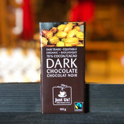 Fair Trade, Organic, 70% Cocoa Dark Chocolate by Just Us! From Sugar Moon Farm - A Canadian maple syrup farm located in Nova Scotia, Canada. Offering maple syrup, maple butter, maple syrup on snow and a restaurant. Put on your hiking boots and hike the Rogart Mountain trail then sit down for some fluffy pancakes made from our fluffy pancake recipe and Canadian maple syrup.