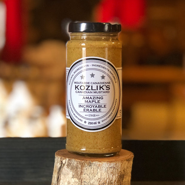 Kozlik's Canadian Mustard, Amazing Maple. Service with sausages, ham or as a glaze. From Sugar Moon Farm - A Canadian maple syrup farm located in Nova Scotia, Canada. Offering maple syrup, maple butter, maple syrup on snow and a restaurant. Put on your hiking boots and hike the Rogart Mountain trail then sit down for some fluffy pancakes made from our fluffy pancake recipe and Canadian maple syrup.